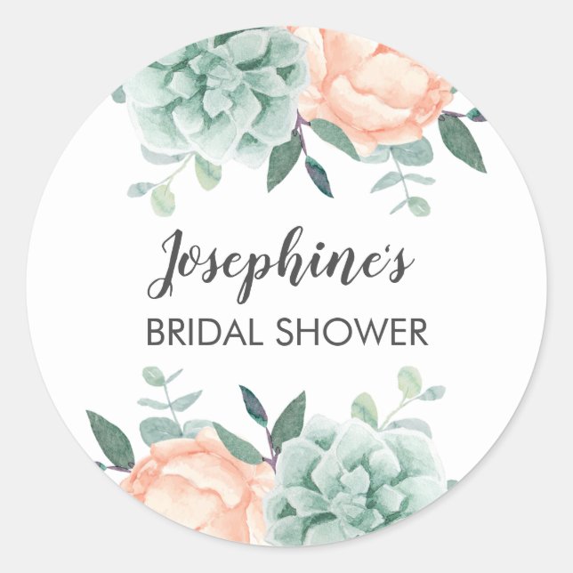 Peony & Succulents Watercolor Bridal Shower Classic Round Sticker (Front)
