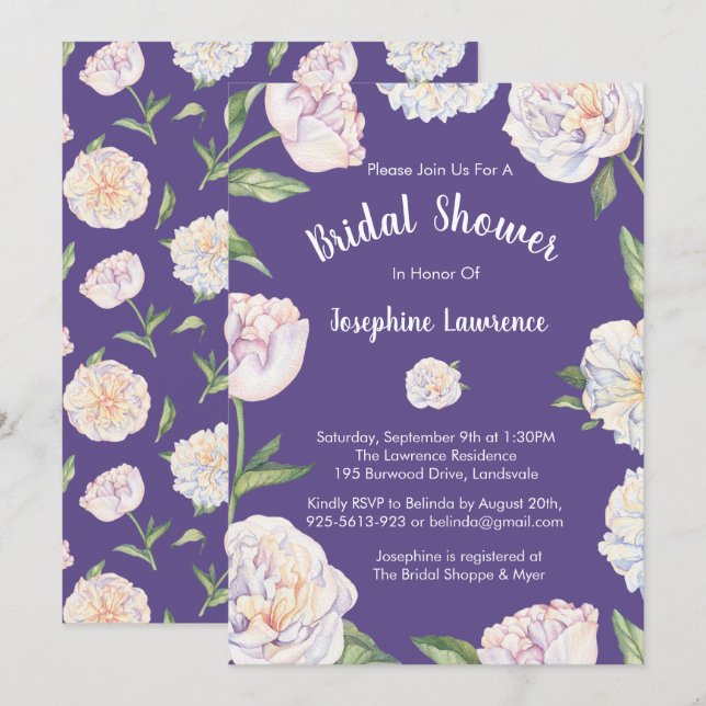 Peony Violet Purple Bridal Shower Invitations (Front/Back)