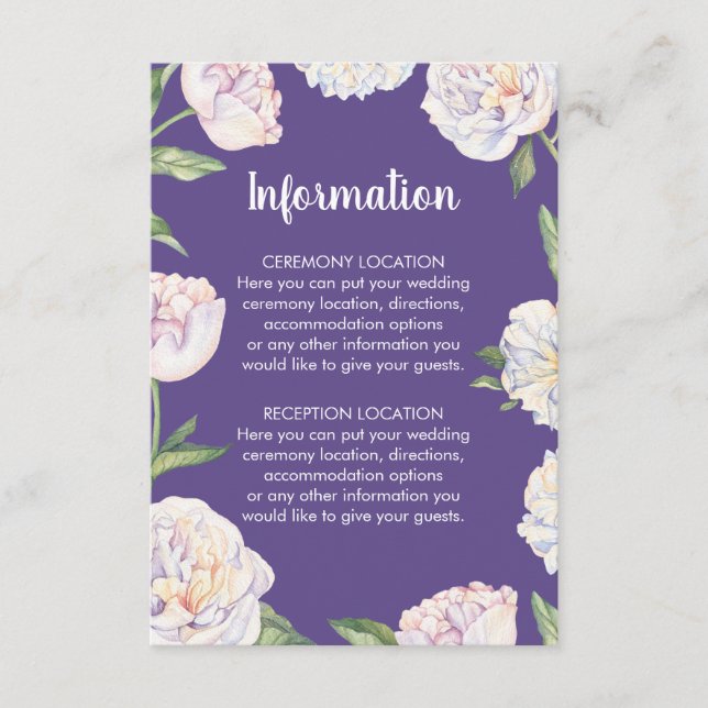 Peony Violet Purple Wedding Information Cards (Front)