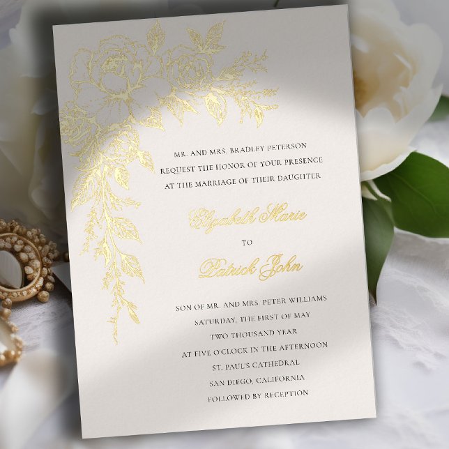 Peony Vow Ecru Elegant Formal Classic Wedding (peony wedding invitation formal traditional modern classic art sketch gold foil ecru)