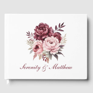 Peony Watercolor Burgundy Blush Floral Wedding Guest Book