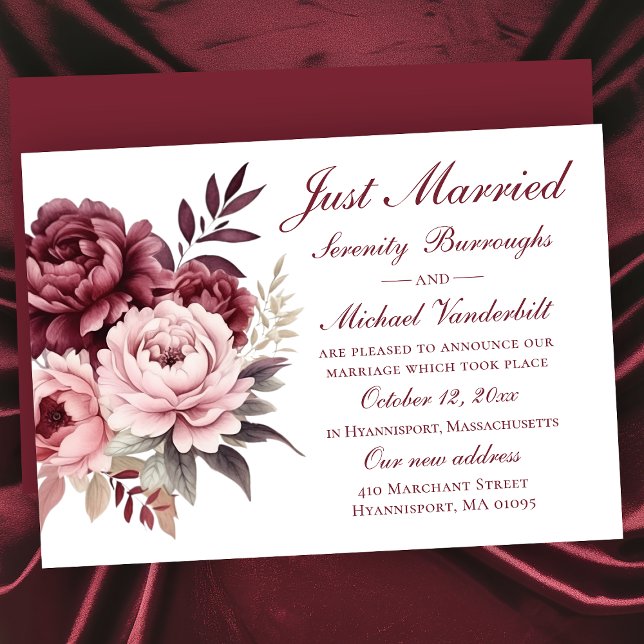 Peony Watercolor Floral Just Married Wedding Announcement (Creator Uploaded)