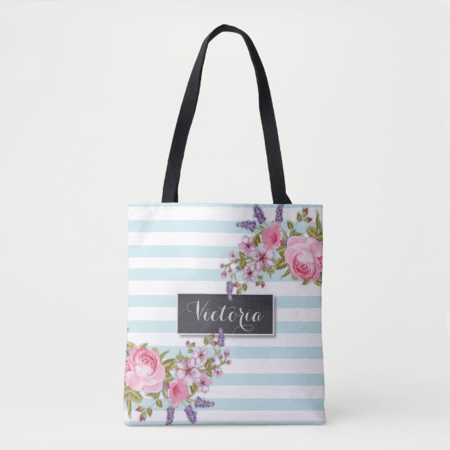 Peony Watercolor Floral Personalised Tote (blue) (Front)