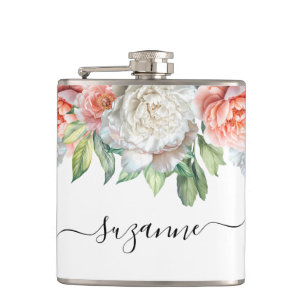 Peony Wedding Bridal Bachelorette Name Hip Flask