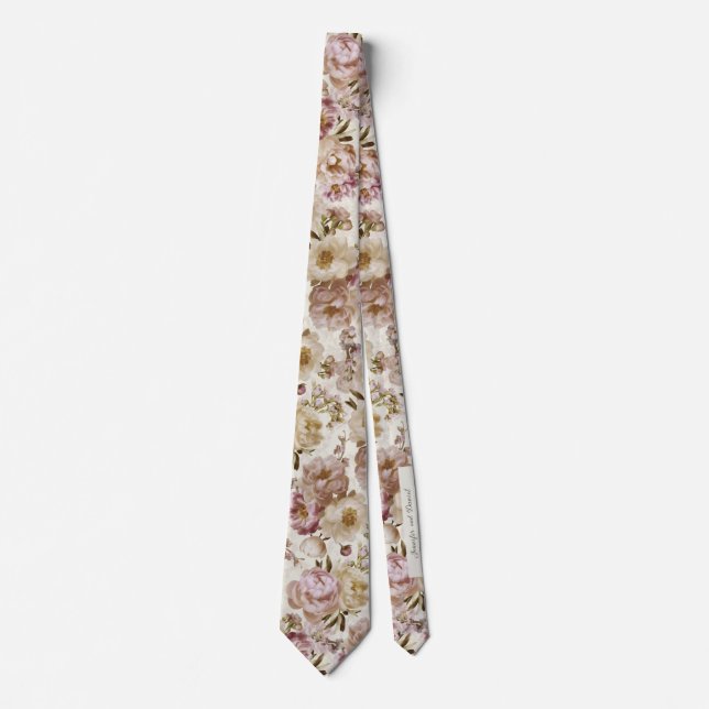 Peony Wedding Pink and Ivory Keepsake Name + Date  Tie (Front)