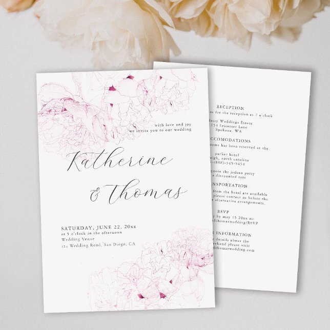 Peony Wedding Pink Ink Elegant Formal All in One Invitation (Creator Uploaded)