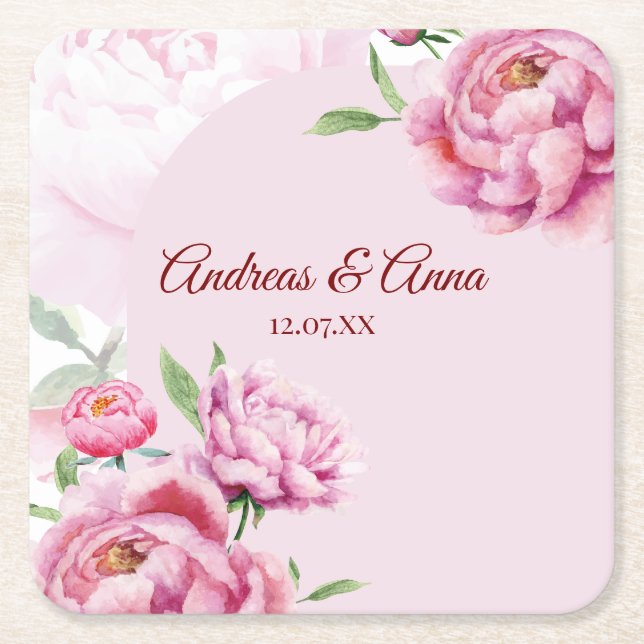 Peony Wedding Square Paper Coaster (Front)