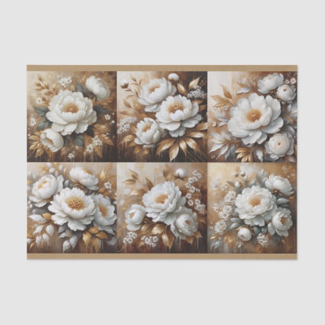 Peony White and Gold Oil Painting Decoupage Tissue Paper (Front)