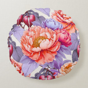 Peony With Bleeding Heart Flowers Round Pillow