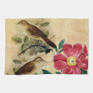 Peony with Nightingales Tea Towel