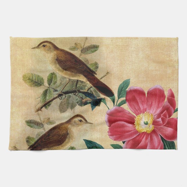Peony with Nightingales Tea Towel (Horizontal)