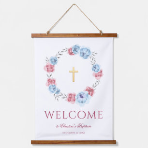 Peony Wreath Watercolor Welcome Baptism Hanging Ta Tapestry