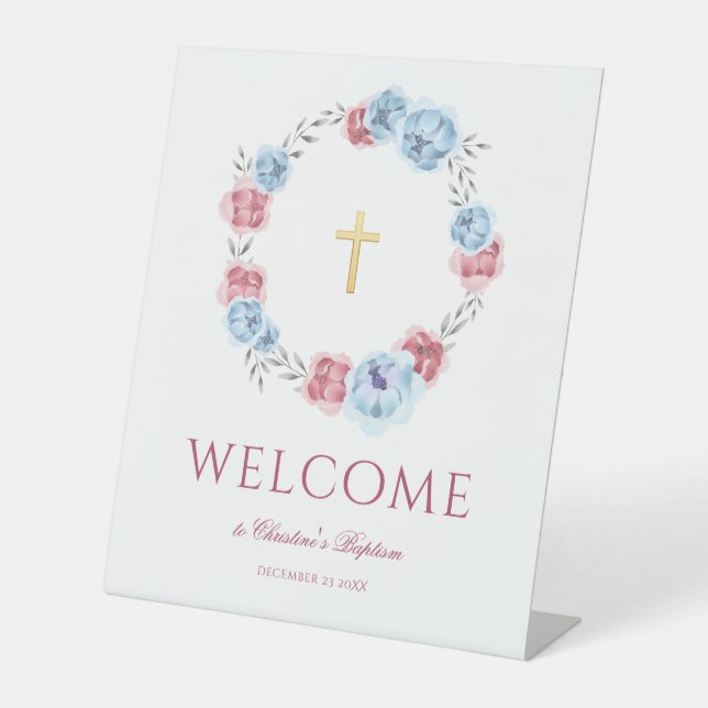 Peony Wreath Watercolor Welcome Baptism Pedestal Sign (Front)