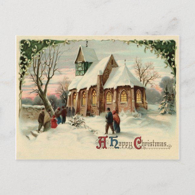 People are going to village church at Christmas Postcard (Front)