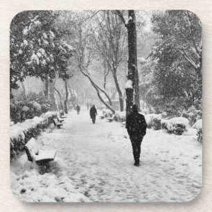 People at park in snowy winter day coaster