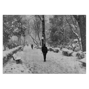People at park in snowy winter day cutting board