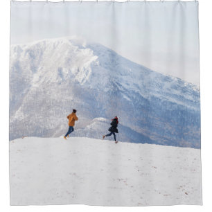 People having fun and running in mountains on the shower curtain