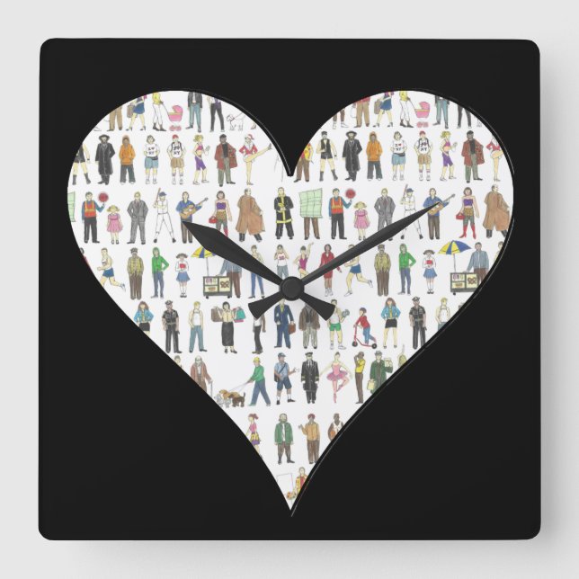 People of NYC Black Heart New York City Citizens Square Wall Clock (Front)
