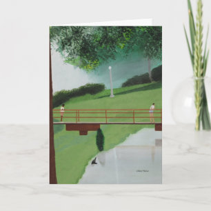 People on a nature boardwalk, pond, greeting cards