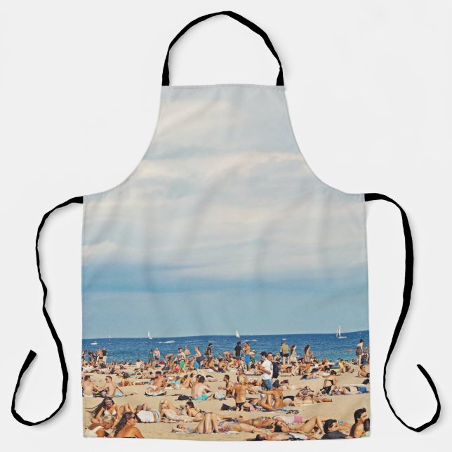 People on brown sand beach apron (Front)
