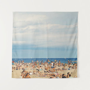 People on brown sand beach tapestry