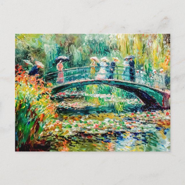 People on garden bridge with water lilies holiday postcard (Front)