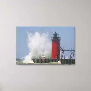 People on jetty watch large breaking waves in 2 canvas print