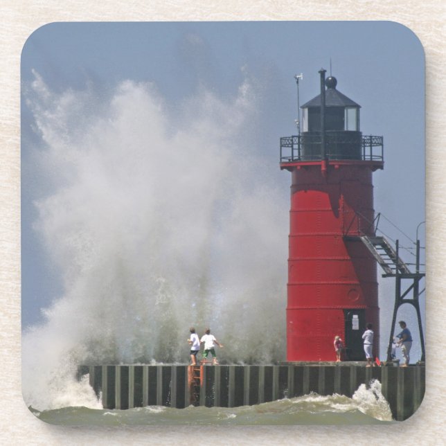 People on jetty watch large breaking waves in 2 coaster (Front)