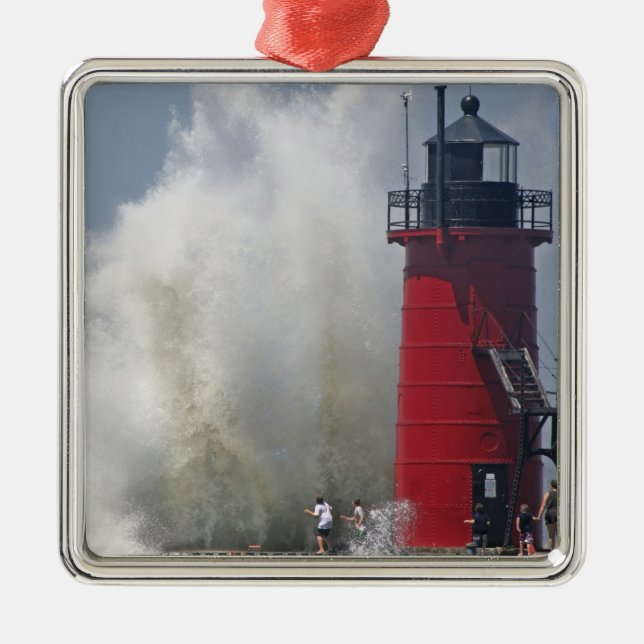People on jetty watch large breaking waves in metal tree decoration (Front)