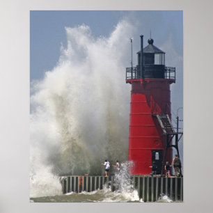 People on jetty watch large breaking waves in poster