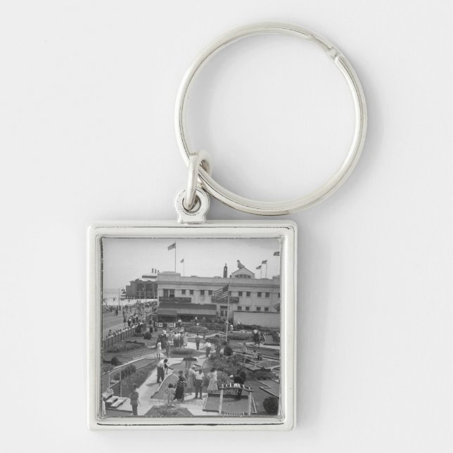People playing mini golf elevated view B&W Key Ring (Front)