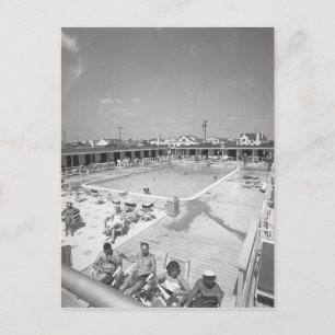 People relaxing at outdoor swimming pool B&W Postcard