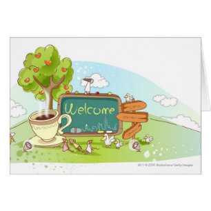 People relaxing by information sign with tea cup