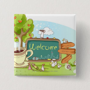 People relaxing by information sign with tea cup 15 cm square badge