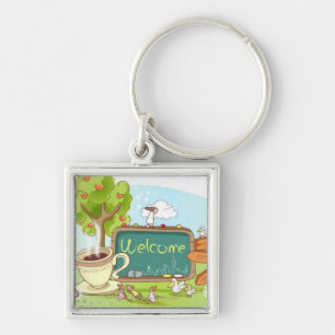 People relaxing by information sign with tea cup key ring