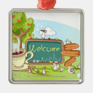 People relaxing by information sign with tea cup metal tree decoration