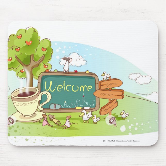 People relaxing by information sign with tea cup mouse mat (Front)