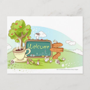 People relaxing by information sign with tea cup postcard