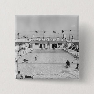 People relaxing in outdoor pool B&W elevated 15 Cm Square Badge