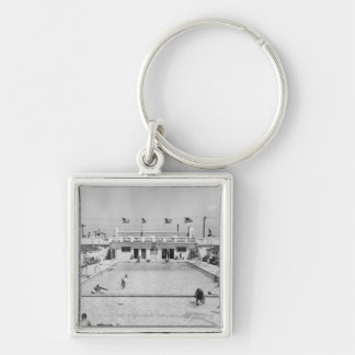 People relaxing in outdoor pool B&W elevated Key Ring