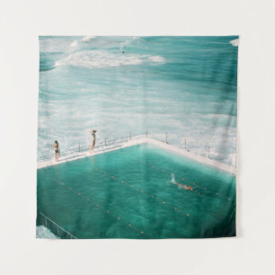 People standing and swimming on swimming pool besi tapestry