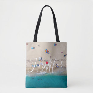 People Sunbathing on the Beach Monogram Name Tote Bag