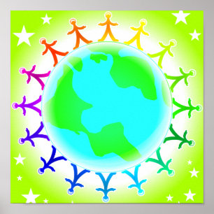People united atop world globe poster