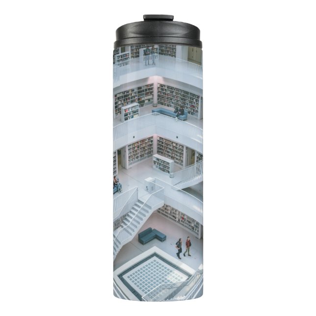 PEOPLE WALKING INSIDE LIBRARY THERMAL TUMBLER (Front)