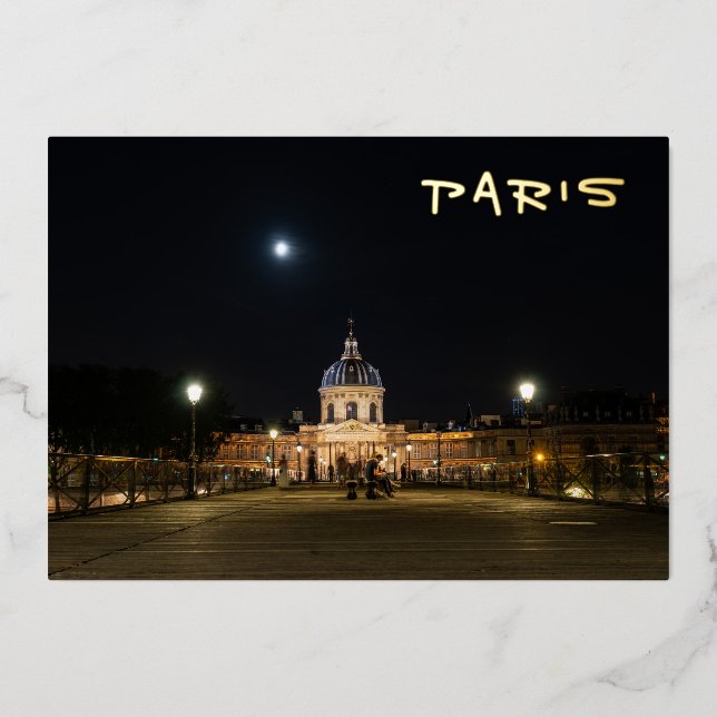 People walking on Pont des Arts at nigth - Paris Foil Holiday Card (Front)
