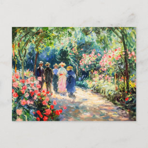 People walking through rose garden holiday postcard