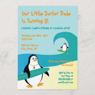 Pepe Surfer Penguin Birthday Invitation - 5 x 7