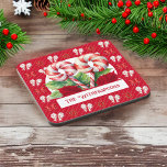 Pepermint Red and White Candy Cane Bow Monogram Coaster<br><div class="desc">This cheery red and white design features two swirly peppermint candy canes atop minty leaves,  against a background of red and white bows. Your or your recipient's name appears in a festive font in red against a white background.</div>