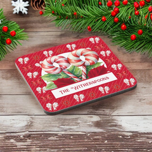 Pepermint Red and White Candy Cane Bow Monogram Coaster (Creator Uploaded)
