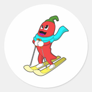 Pepper as Skier with Ski Classic Round Sticker